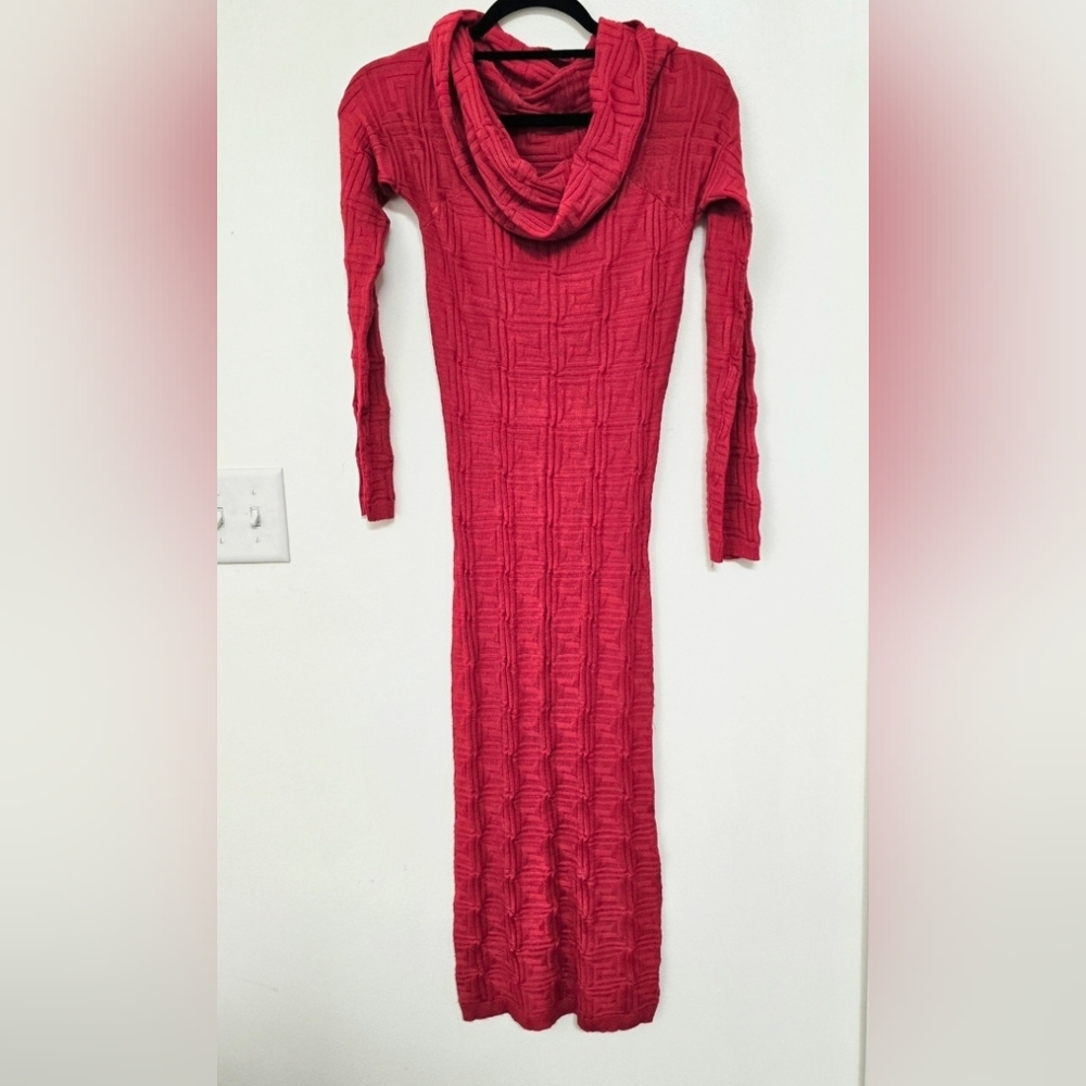 ☆ Cherry Red Patterened Knit Sweater Midi Dress Size L
